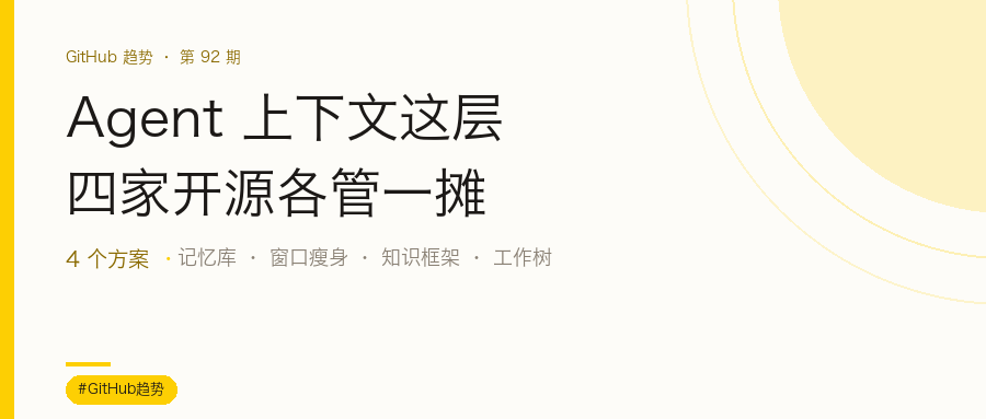 Agent 上下文这层,四家开源方案各管一摊:记忆库、窗口瘦身、知识框架、工作树隔离